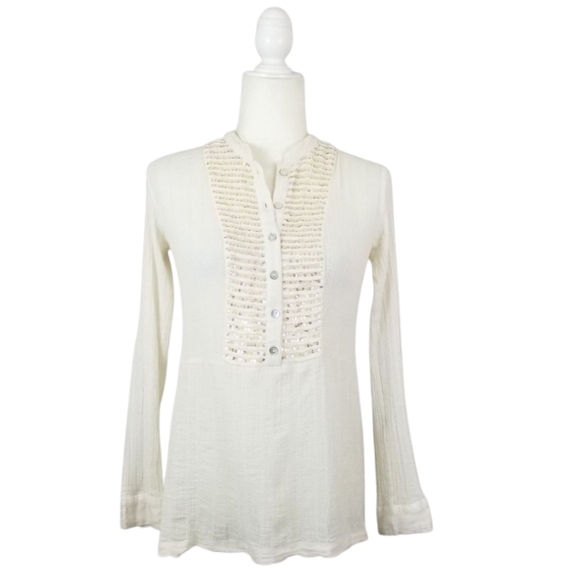LOGO cream sequined long sleeve mandarin collar buttoned tunic top size XXS - Picture 1 of 8